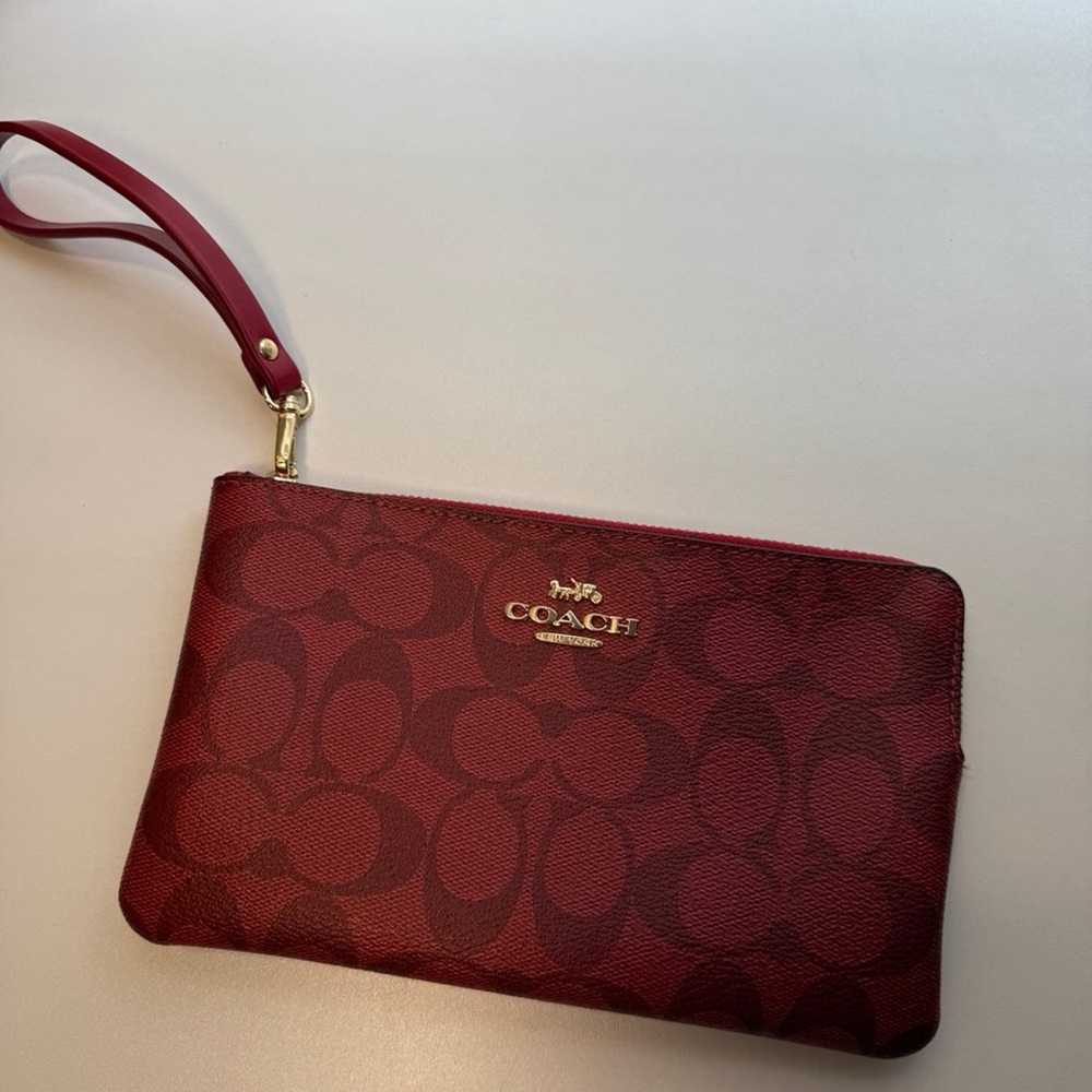 Coach Red Signature Wristlet Clutch with Gold Hardware